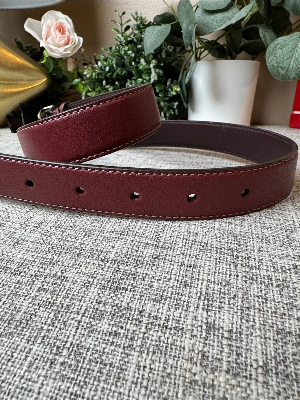 Coach Burgundy Leather Belt with Silver-Tone Buckle - Picture 3 of 5